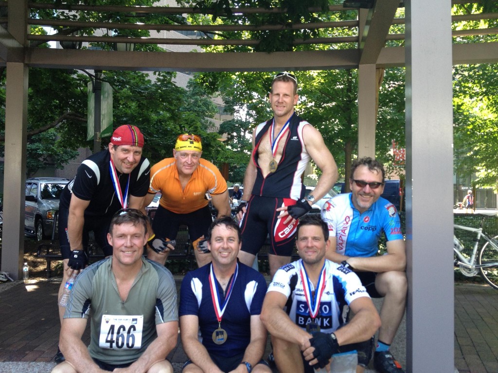 Post ride pic from last year, left to right: Phil the Hill, Bill "Orange" Berlin, Steve Cahill, and Ron Paletzki; bottom: Bill Mowery, Jay Stanley (who won), and me.